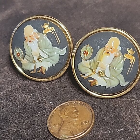 Vintage Swank Japananese Toshikane Cuff Links, featuring Jurojin, god of fortune - Picture 1 of 1